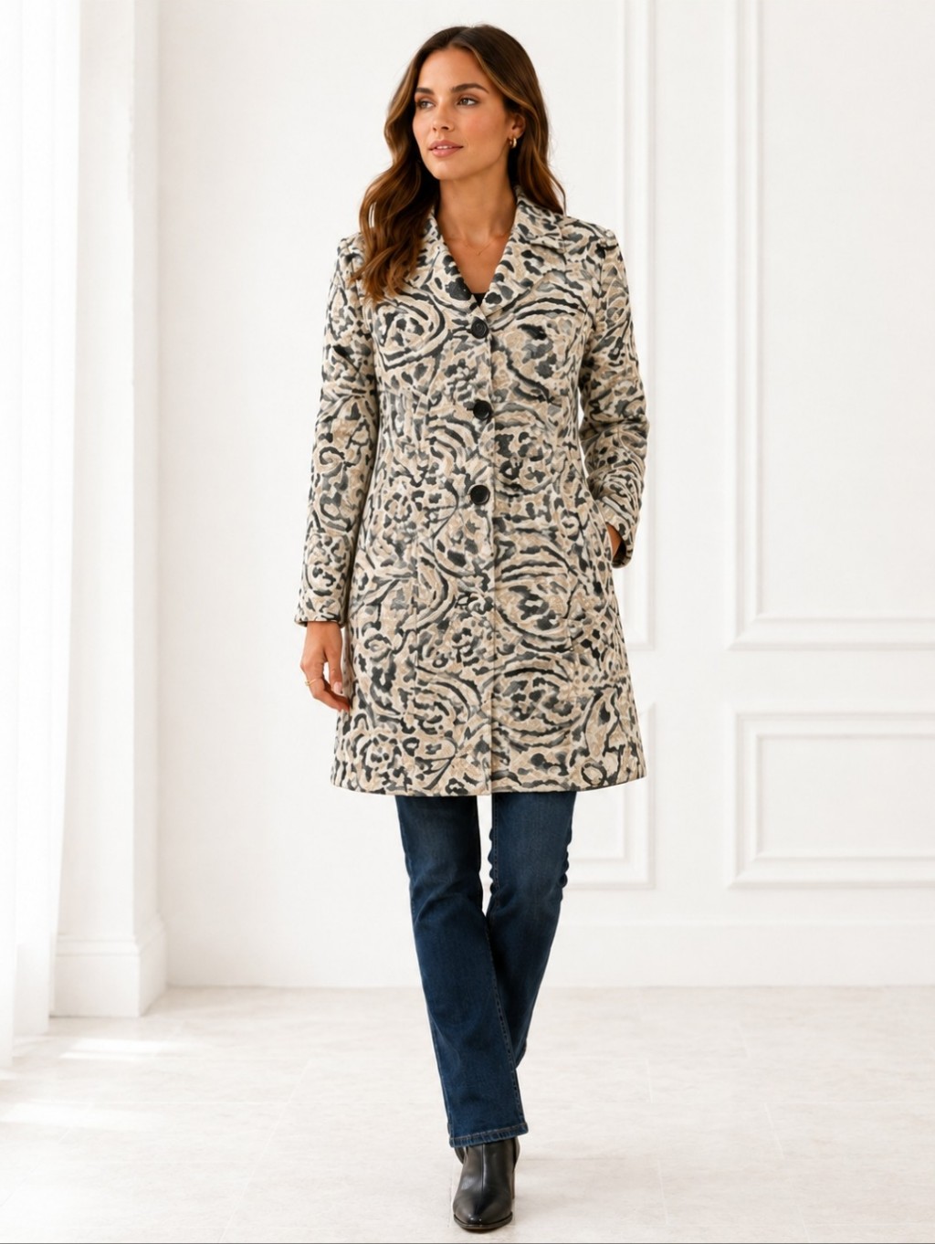 Nanette Lepore Black White Wool Blend Floral Brocade Coat Sz Med